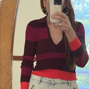 House of Harlow 1960 V-Neck Sweater - Burgundy and Pink